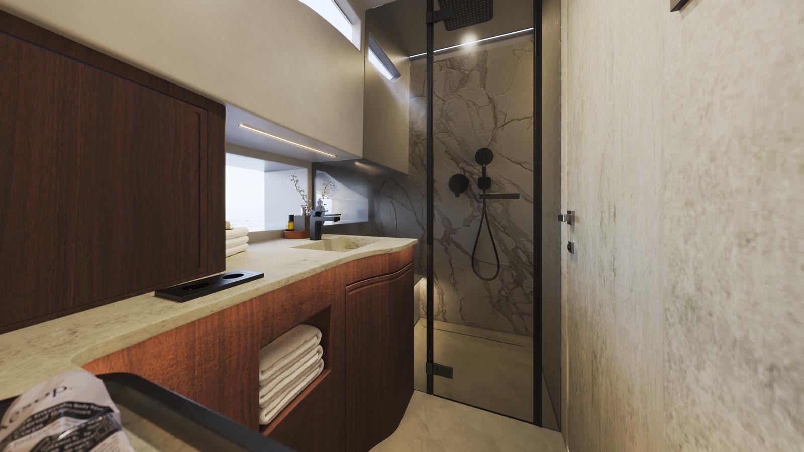 Bathroom with marble and premium fixtures.