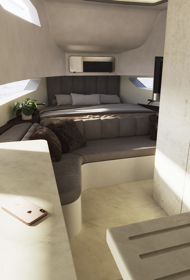 Lounge with convertible sofa and panoramic windows.
