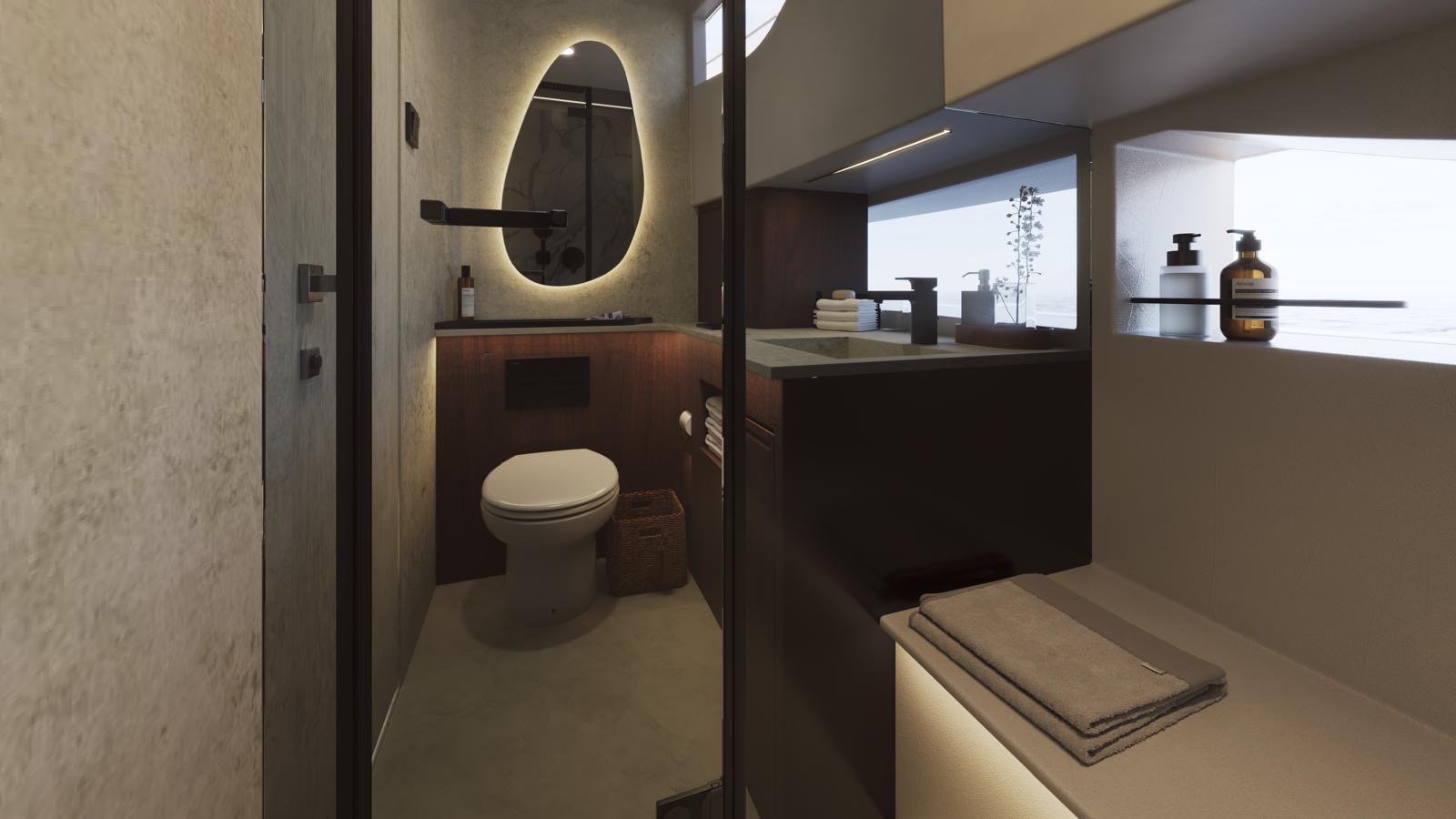 Toilet with backlit mirror.